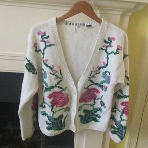 Vintage Cotton Blend Chunky Cardigan Cottagecore Floral White Pink - Size Large